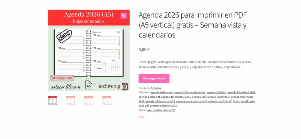 Agenda 2026 para imprimir gratis en PDF formato A5 – vista semanal con calendario y checklist diario