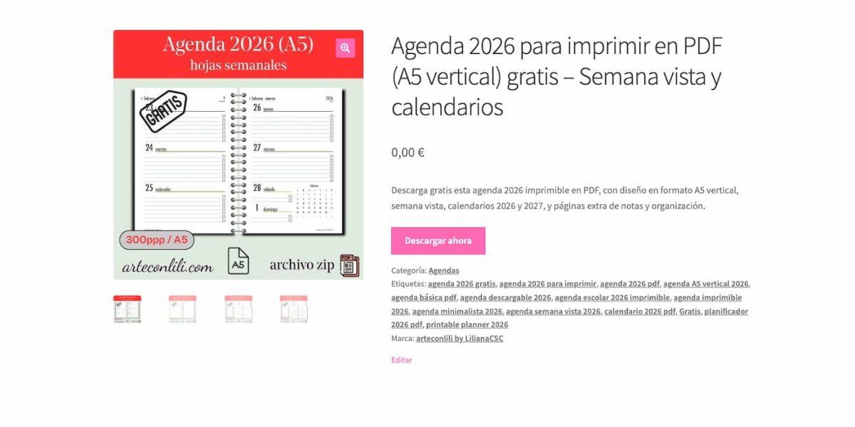 Agenda 2026 para imprimir gratis en PDF formato A5 – vista semanal con calendario y checklist diario
