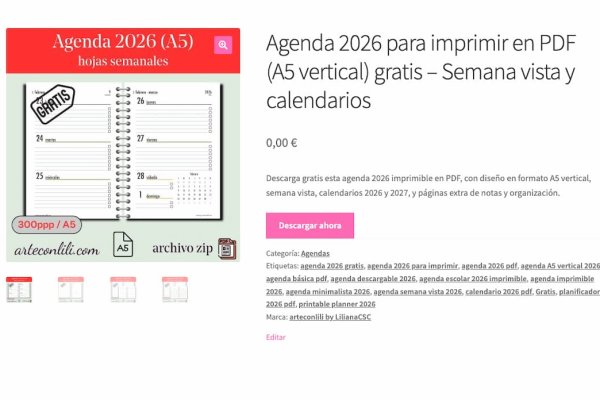 Agenda 2026 para imprimir gratis en PDF formato A5 – vista semanal con calendario y checklist diario