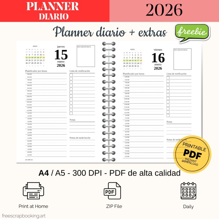 Planner Diario 2026 PDF Gratis – Agenda Completa A5 para Imprimir