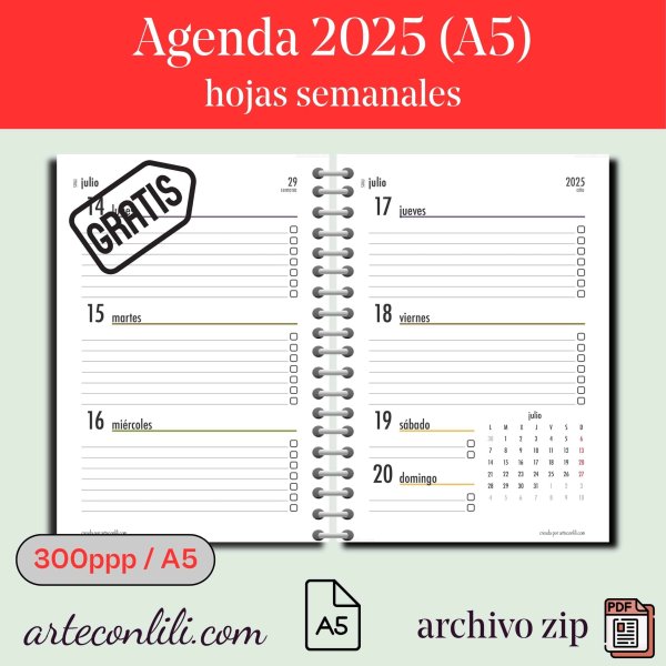 Vista interior agenda 2025 semana vista descargable en PDF