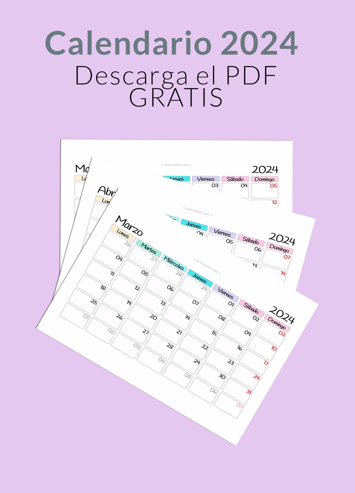 Calendario 2024 para imprimir pdf gratis Diseño Bonito - arteconlili.com