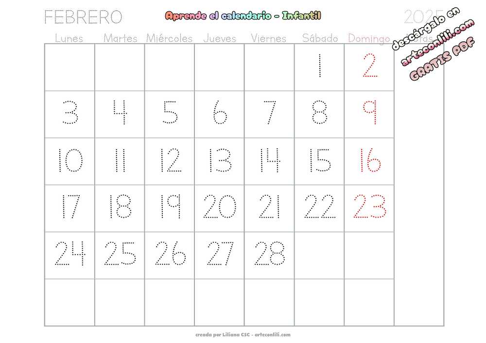 calendario infantil 2025 14 02 Febrero 01