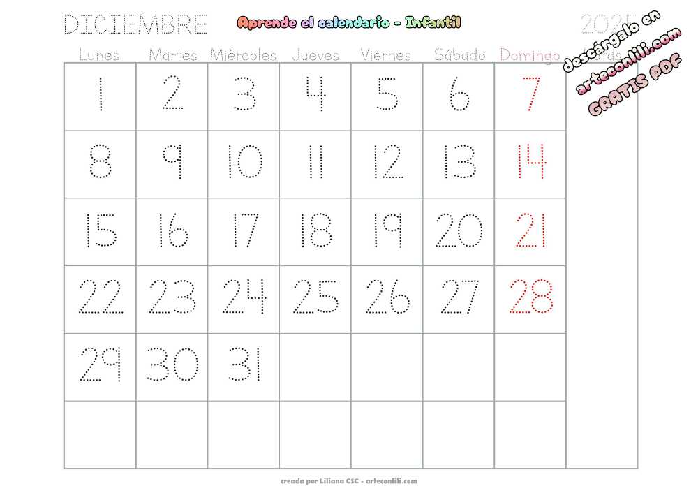 calendario infantil 2025 14 12 Diciembre 01