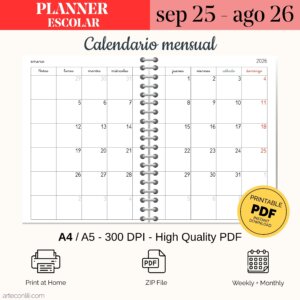calendario mensual agenda escolar sep 25 ago 26 gratis arteconlili.com