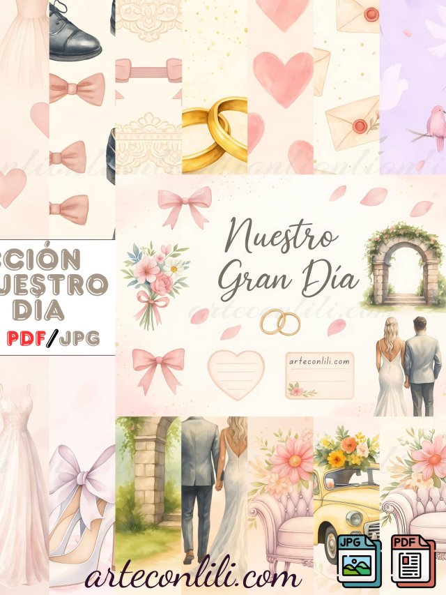 Papeles digitales románticos para boda – Scrapbooking A4 imprimible