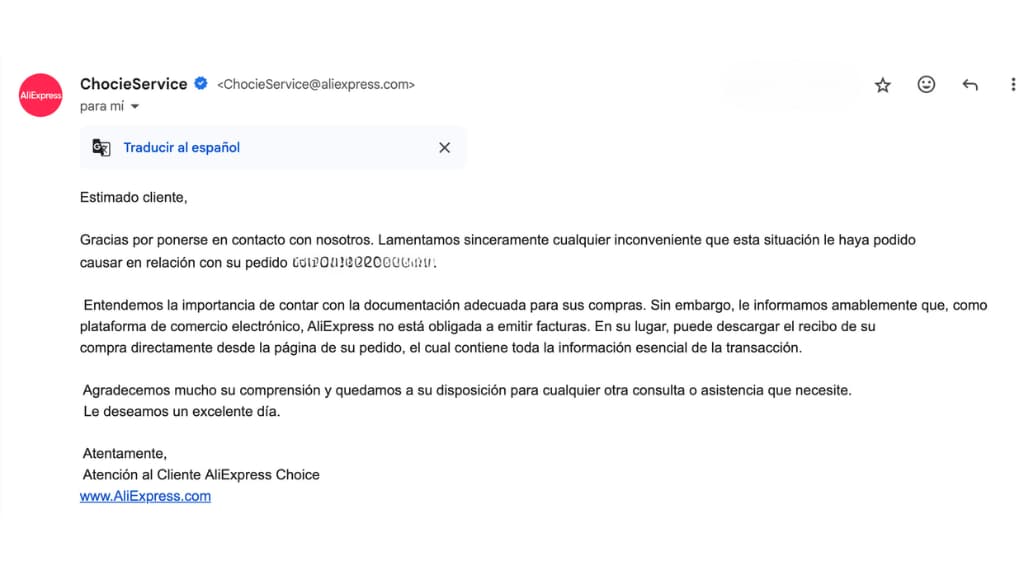 email de aliexpress a la solicitud de factura legal en españa