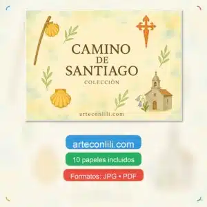 Papeles digitales Camino de Santiago gratuitos, colección de scrapbooking imprimible en PDF y JPG. Comparación con Nuria Scrap and Tips. Descarga gratis en arteconlili.com portada