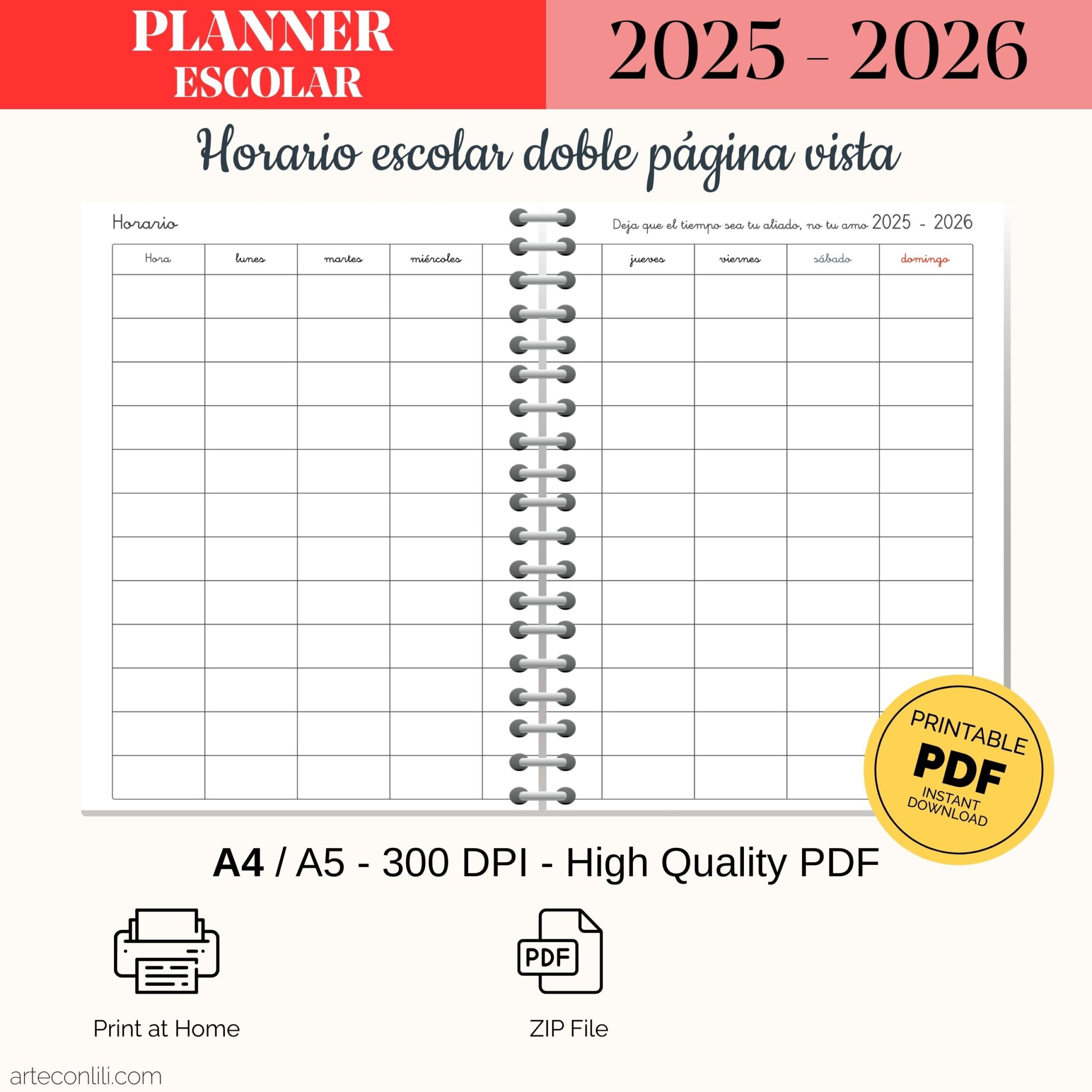 Horario Escolar 2025-2026 PDF Imprimible A4/A5 | Plantilla