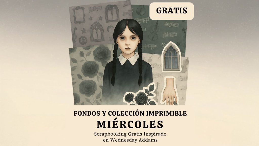 Portada de la colección imprimible Miércoles – Papeles y recortables gratis estilo Wednesday Addams para scrapbooking y manualidades creativas