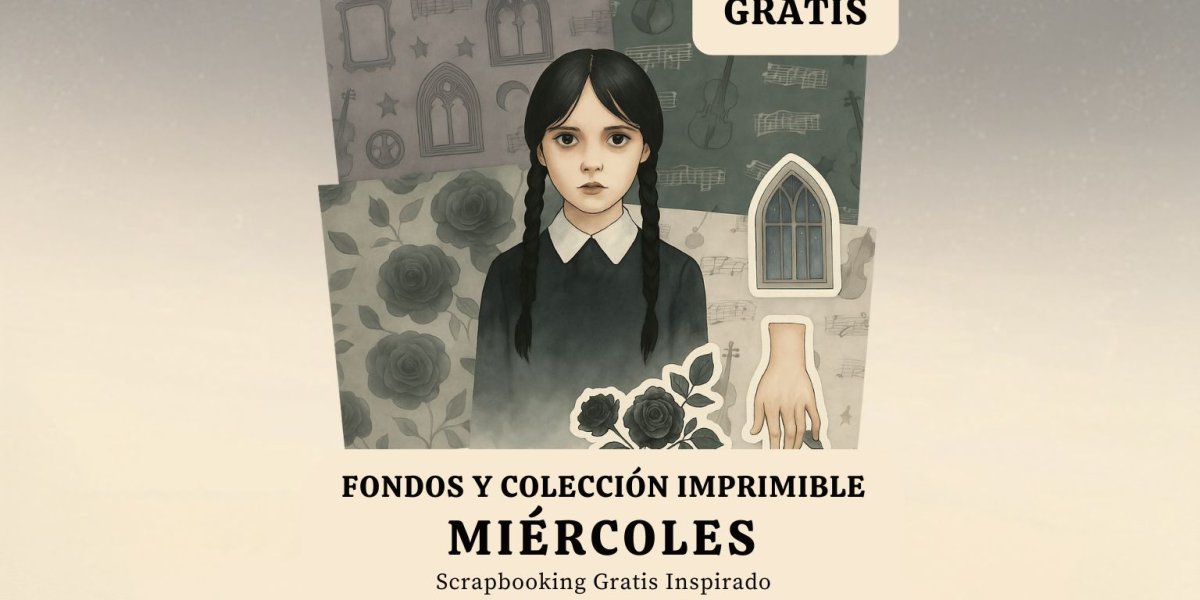 Portada de la colección imprimible Miércoles – Papeles y recortables gratis estilo Wednesday Addams para scrapbooking y manualidades creativas
