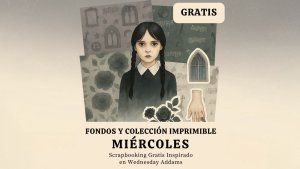 Portada de la colección imprimible Miércoles – Papeles y recortables gratis estilo Wednesday Addams para scrapbooking y manualidades creativas