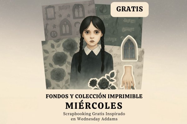 Portada de la colección imprimible Miércoles – Papeles y recortables gratis estilo Wednesday Addams para scrapbooking y manualidades creativas