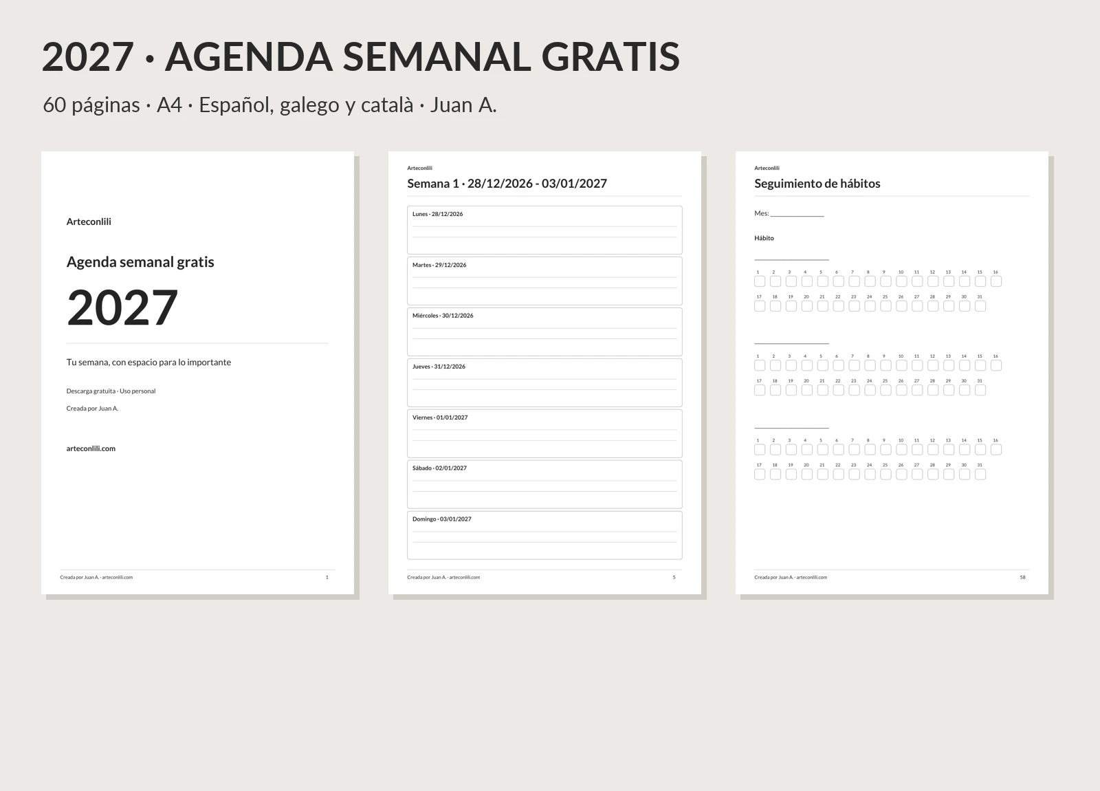 Agenda semanal 2027: portada, semana fechada y seguimiento de hábitos