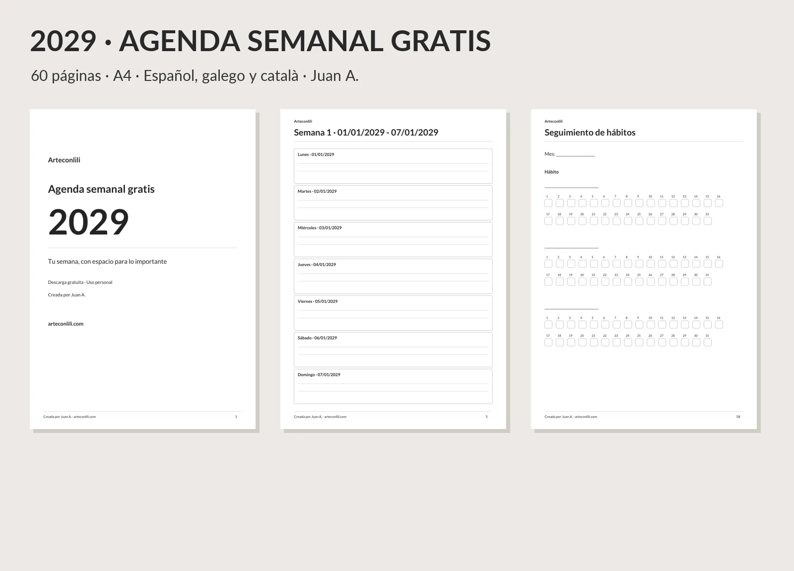 Agenda semanal 2029: portada, semana fechada y seguimiento de hábitos