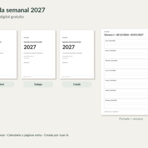 Agenda semanal 2027 · Three real language covers and real weekly page; human promotional copy outside PDF screenshots.