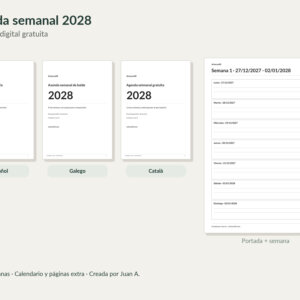 Agenda semanal 2028 · Three real language covers and real weekly page; human promotional copy outside PDF screenshots.