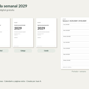 Agenda semanal 2029 · Three real language covers and real weekly page; human promotional copy outside PDF screenshots.