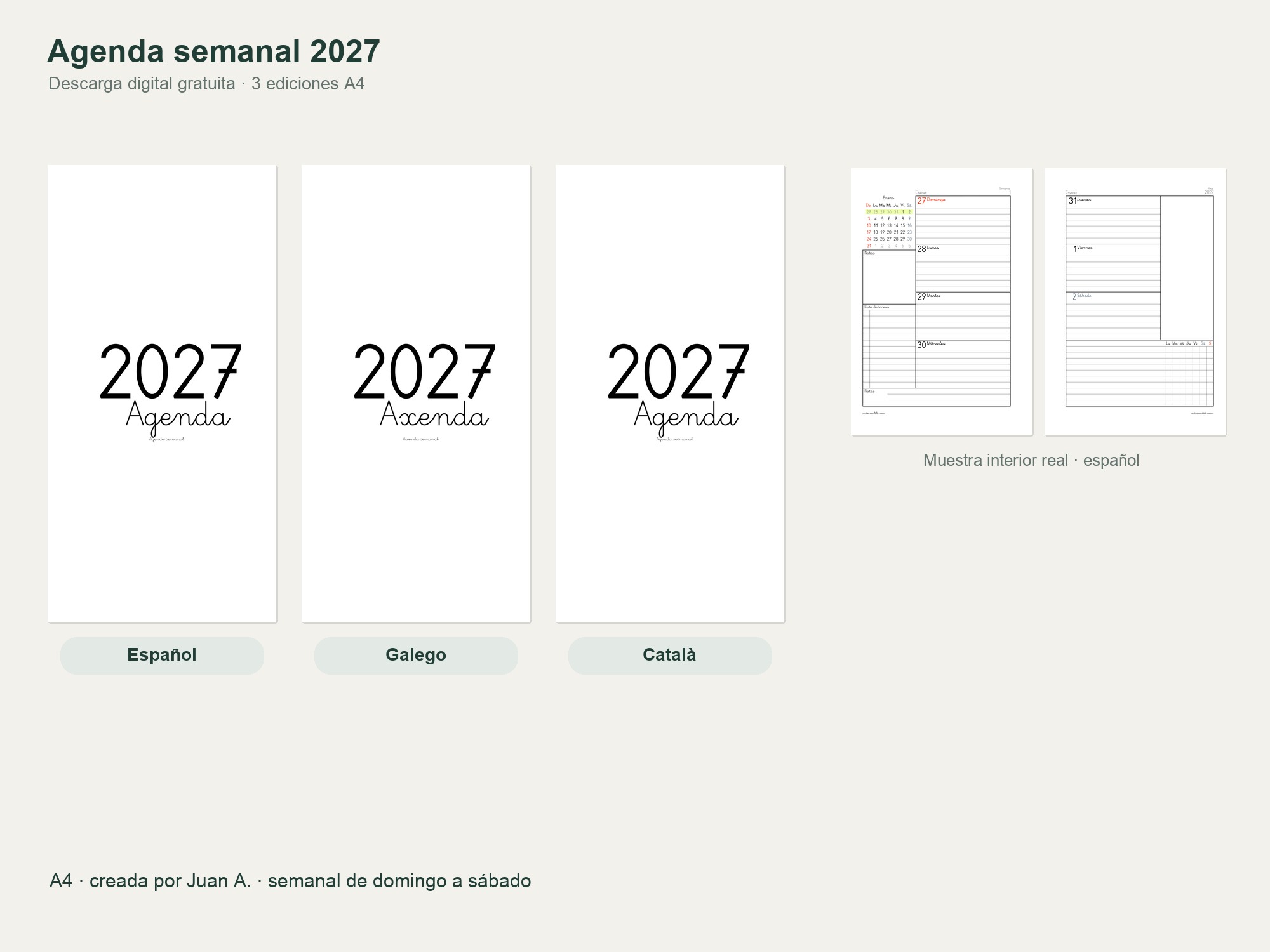 Agenda semanal 2027 gratis a dos páginas: español, gallego y catalán 1 Agenda 2027 a dos páginas — portadas y semana real