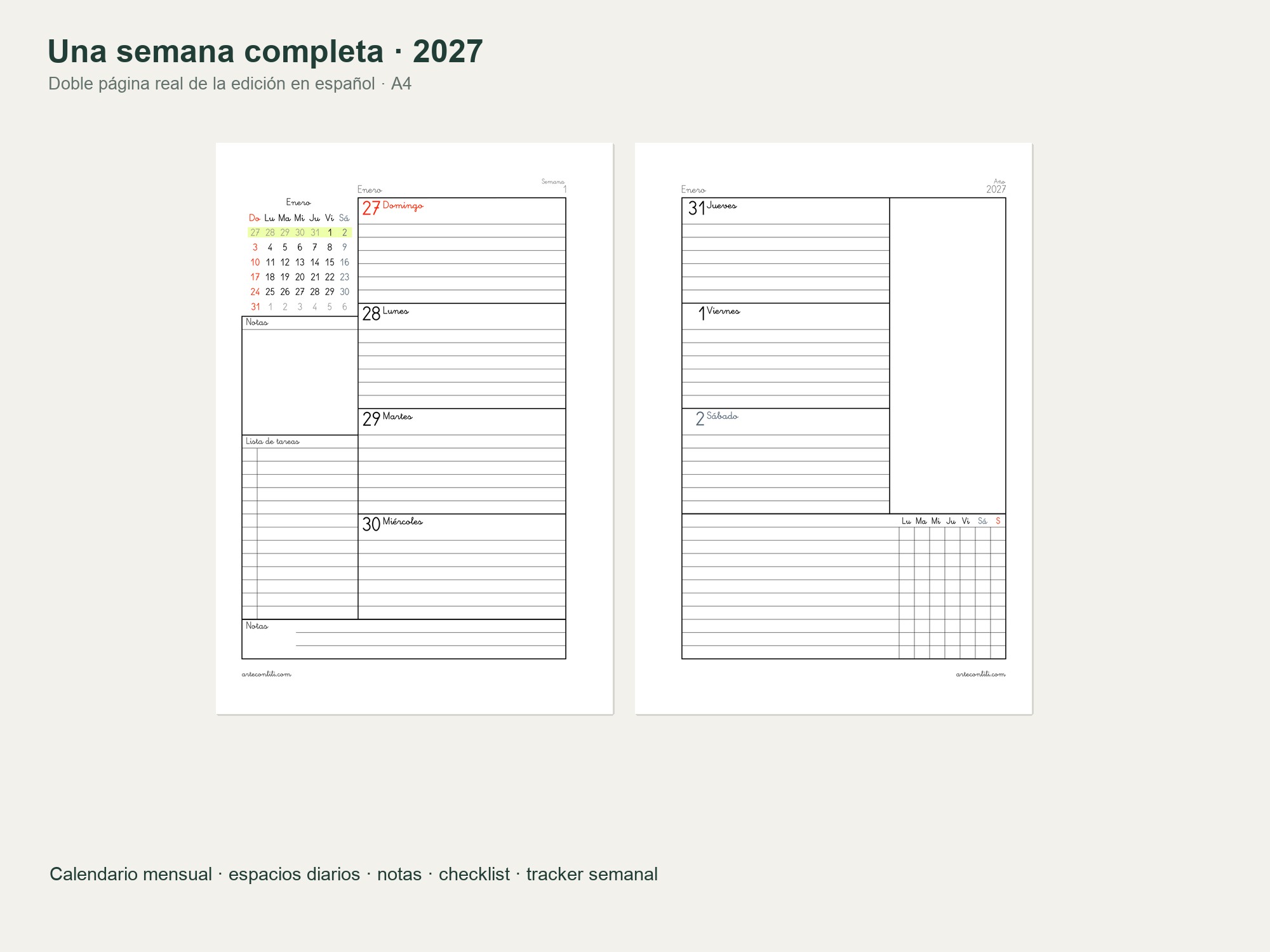 Agenda semanal 2027 gratis a dos páginas: español, gallego y catalán 2 Agenda 2027 a dos páginas — semana completa de domingo a sábado
