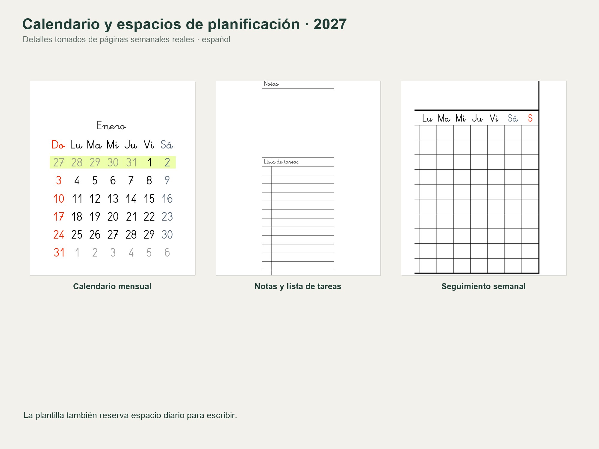 Agenda semanal 2027 gratis a dos páginas: español, gallego y catalán 3 Agenda 2027 a dos páginas — mini calendario, notas y hábitos