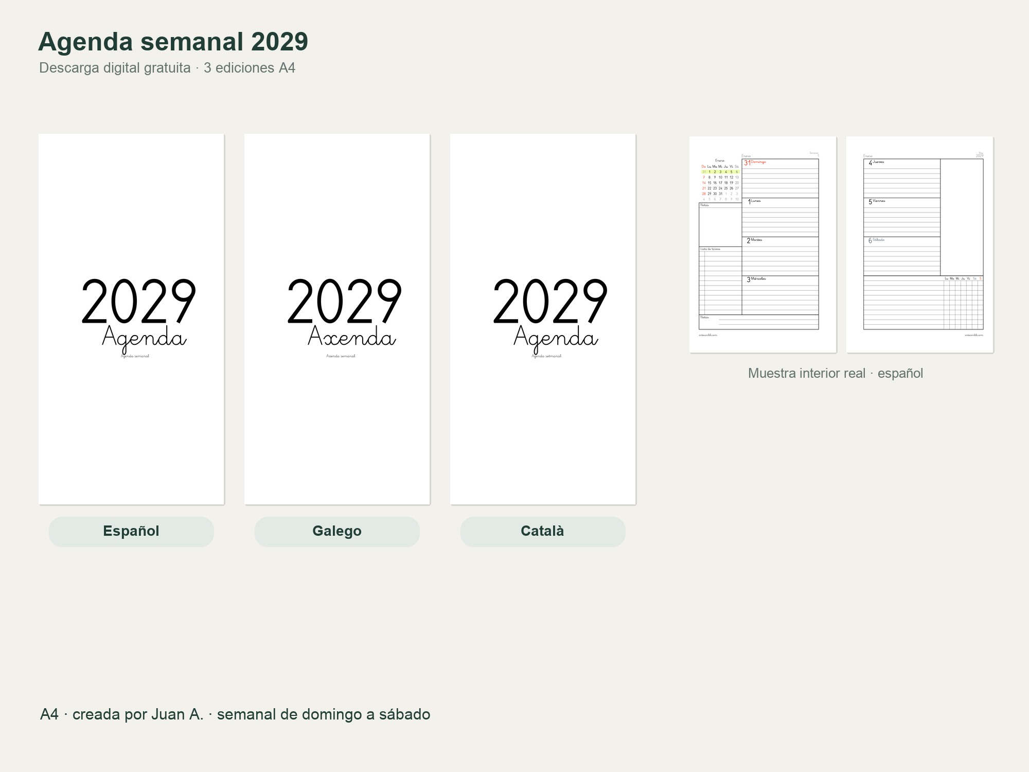 Agenda semanal 2029 gratis a dos páginas: español, gallego y catalán 1 Agenda 2029 a dos páginas — portadas y semana real
