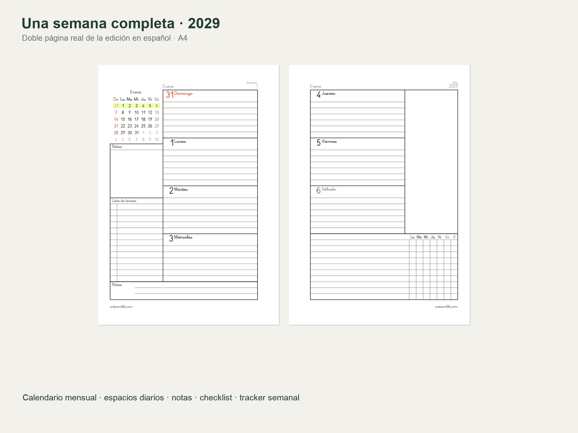 Agenda semanal 2029 gratis a dos páginas: español, gallego y catalán 2 Agenda 2029 a dos páginas — semana completa de domingo a sábado