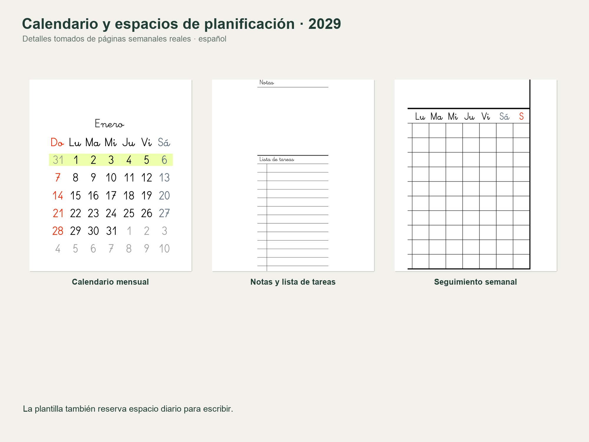 Agenda semanal 2029 gratis a dos páginas: español, gallego y catalán 3 Agenda 2029 a dos páginas — mini calendario, notas y hábitos